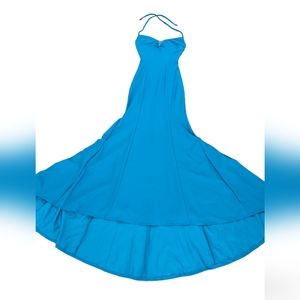 Jump Apparel by Wendy Chaitin Turquoise Halter Open Back Evening Gown